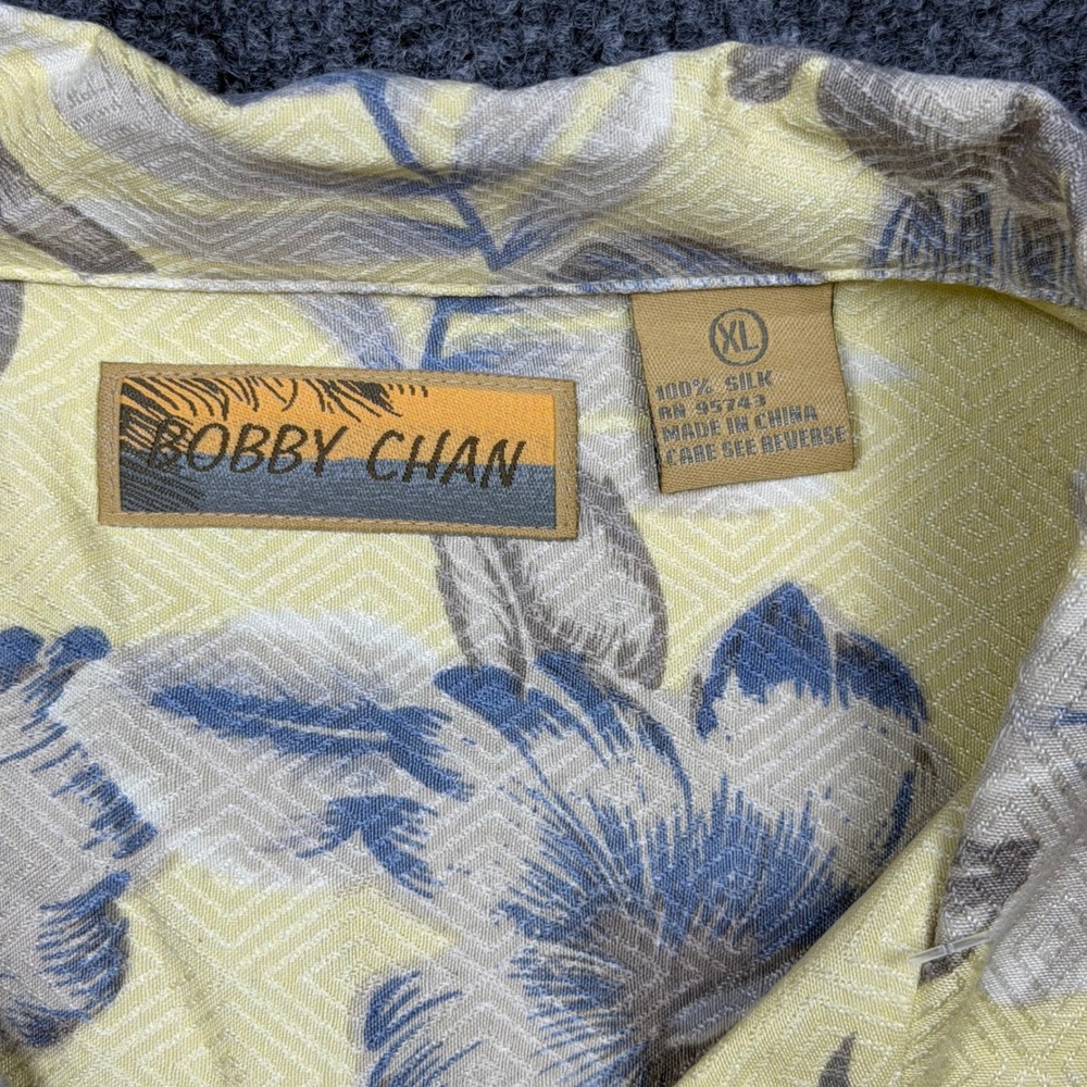Bobby Chan Mens XL 100% Silk Floral Jacquard Short Sleeve Camp Shirt Yellow Blue - Picture 3 of 5